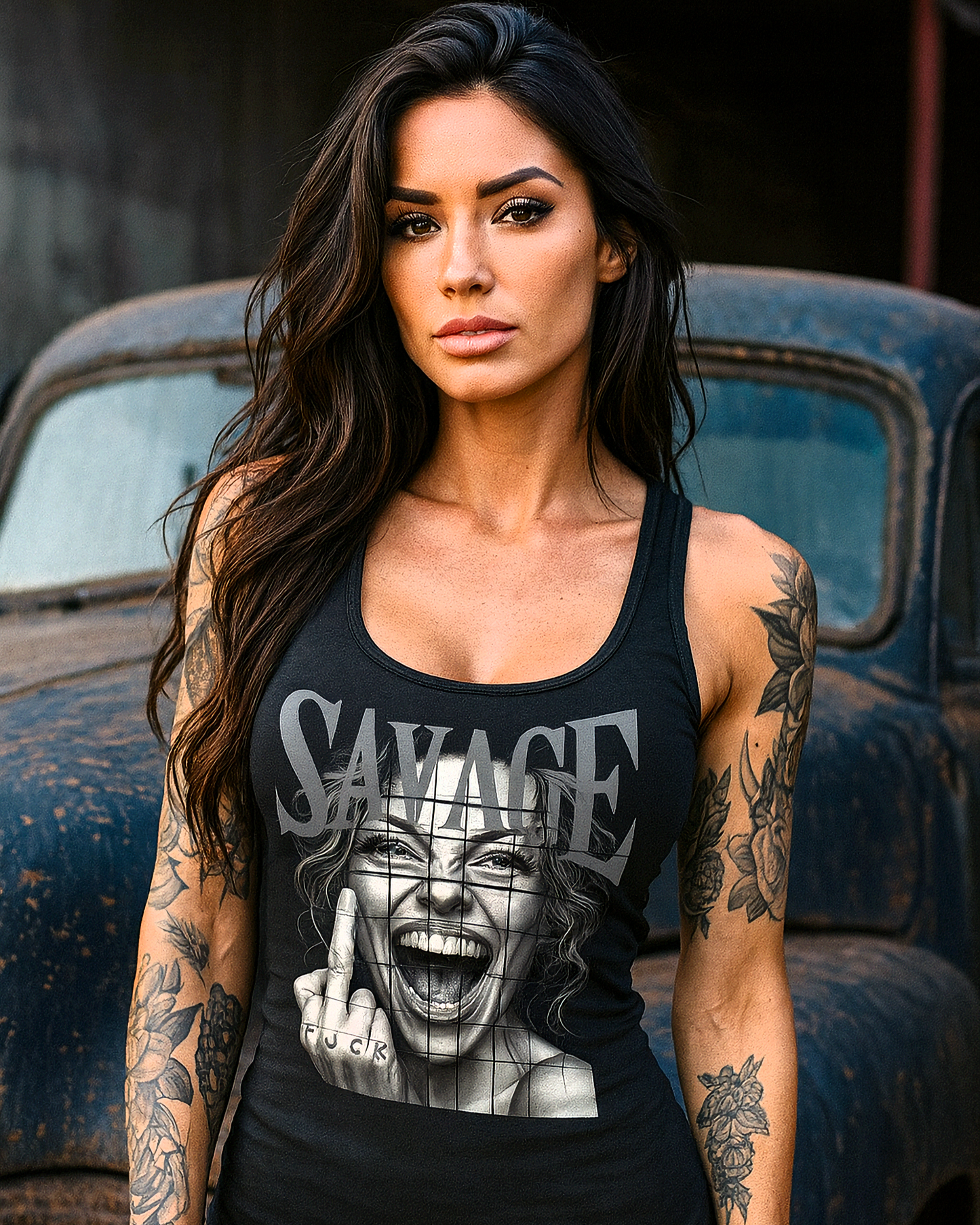 Tattooed woman wearing black Gas Mavericks Savage tank top with rebellious graphic design, standing in front of a vintage car